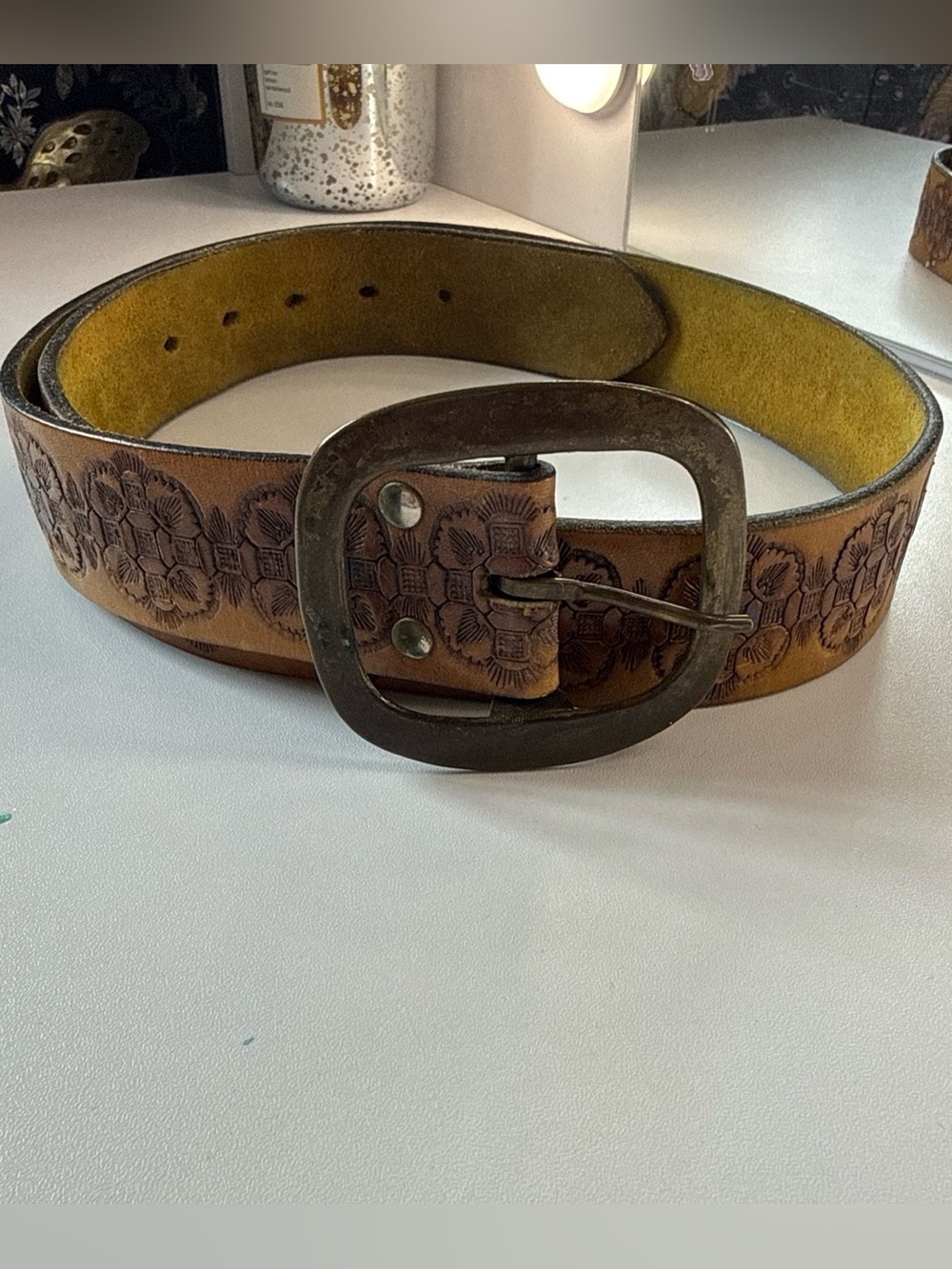 Vintage 70s Hand Crafted Tooled Leather Belt Boho Hippie